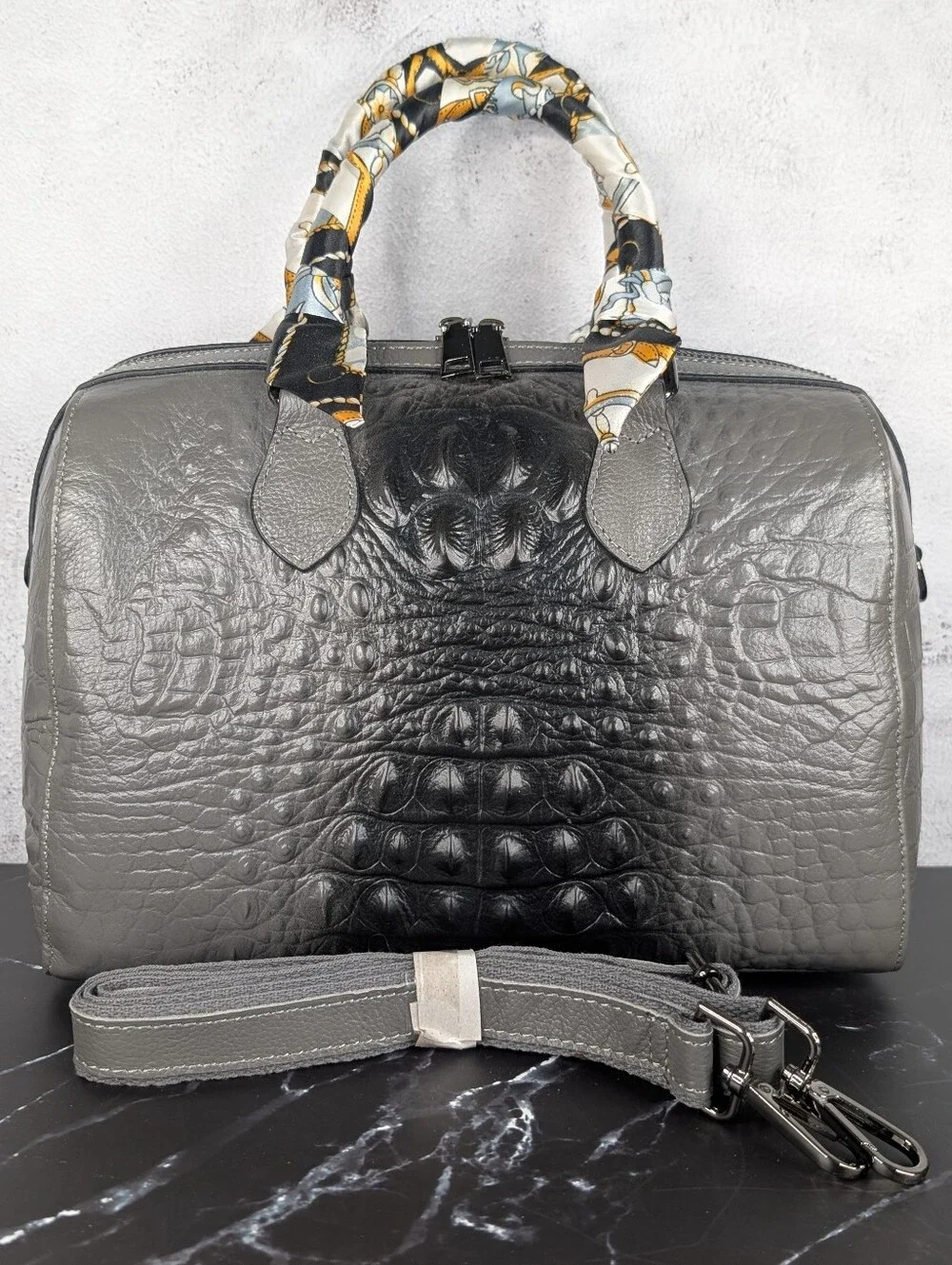 Gray Croc-Embossed Leather Satchel Bag with Scarf-Wrapped Handles NWOT